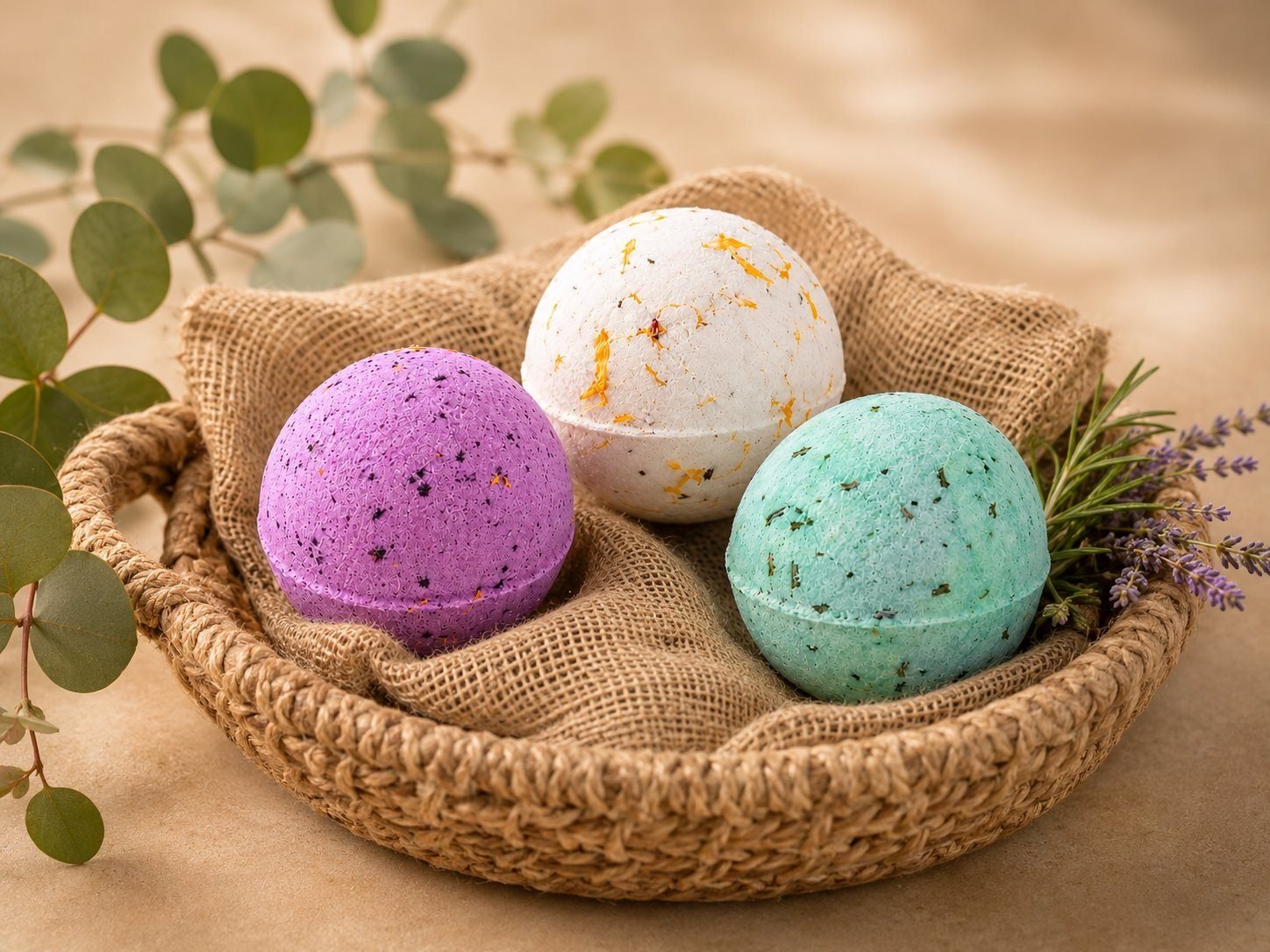 Aconchego botanical bath bombs — lavender, calendula and eucalyptus in a woven basket